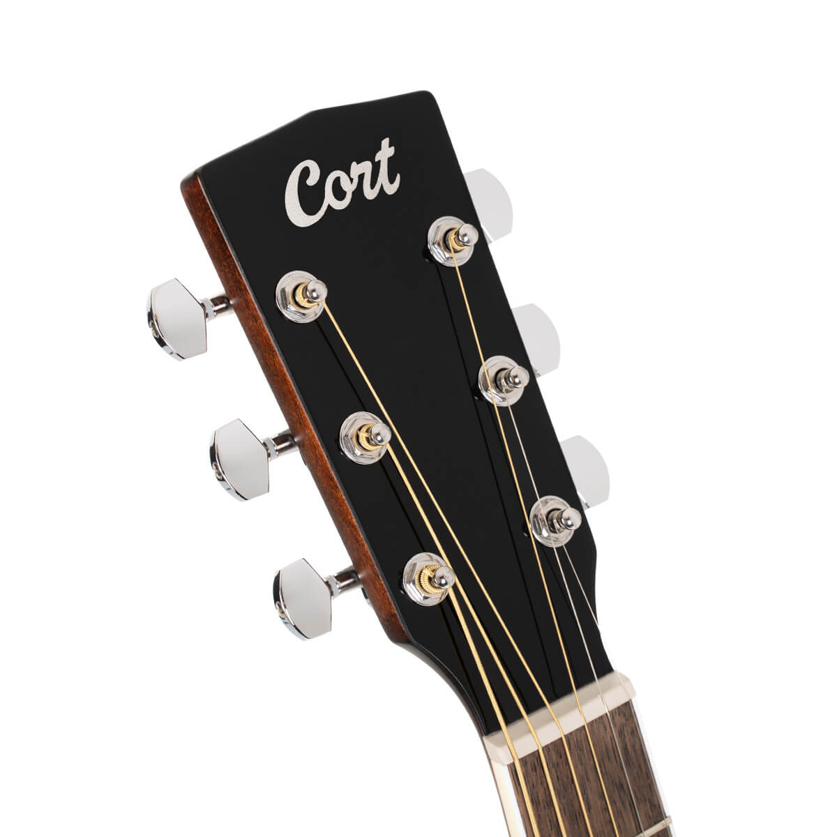 Black acoustic guitar headstock with "Cort" in white lettering, six silver tuning pegs, and gold strings extending down the neck.