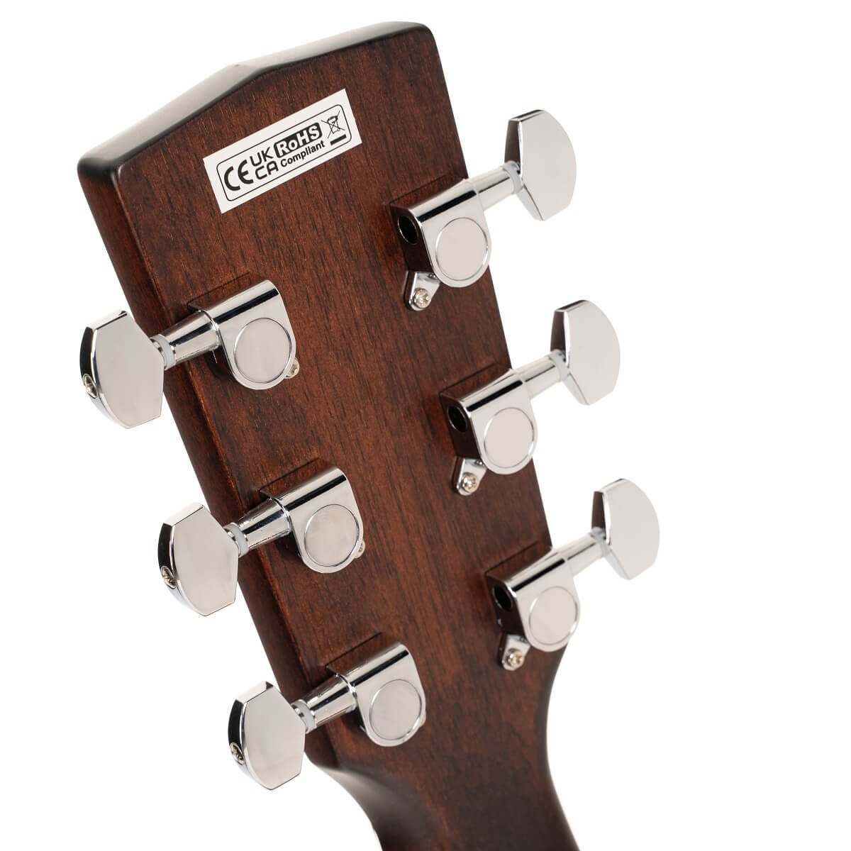 Six chrome tuning pegs on the back of a brown acoustic guitar headstock, with a label showing UK, CE, and RoHS compliance.