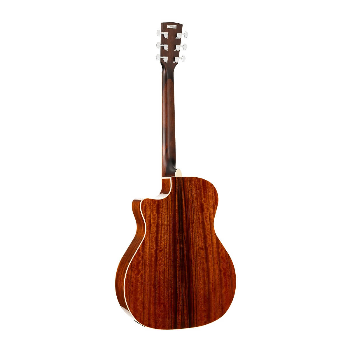 Glossy brown acoustic guitar shown from the back, featuring rich wood grain, a cutaway body, and six tuning pegs on the headstock.