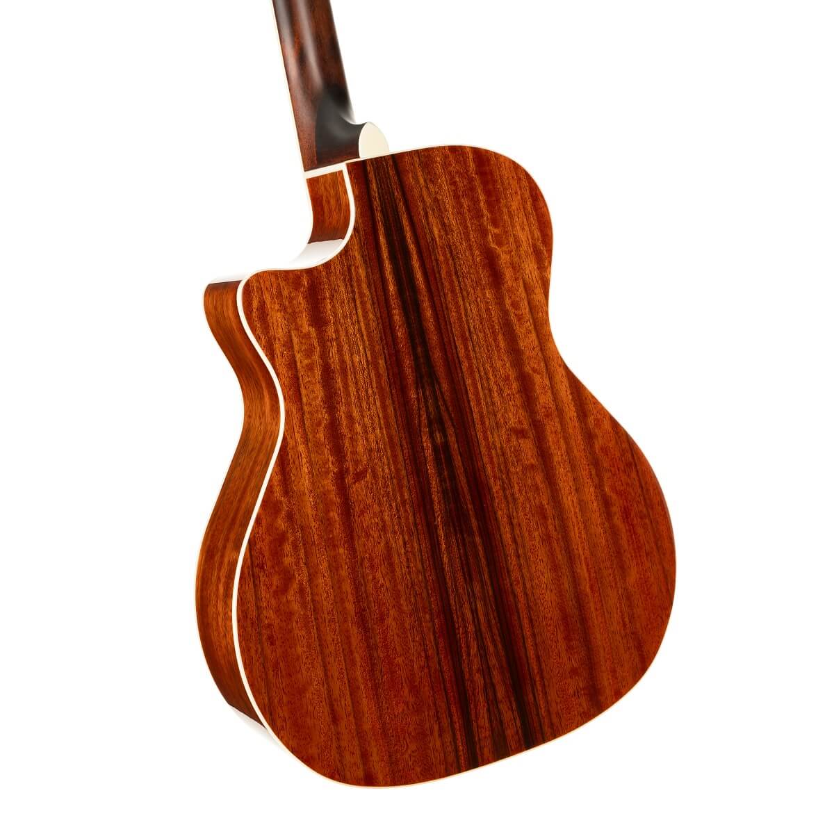Back view of an acoustic guitar showing glossy, reddish-brown wood with dark vertical grain patterns and cream-colored binding along the edges.