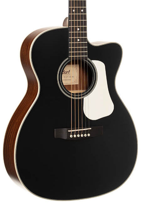 Black acoustic guitar with a white pickguard, six strings, and a cutaway body design; wood grain visible on the sides and back.