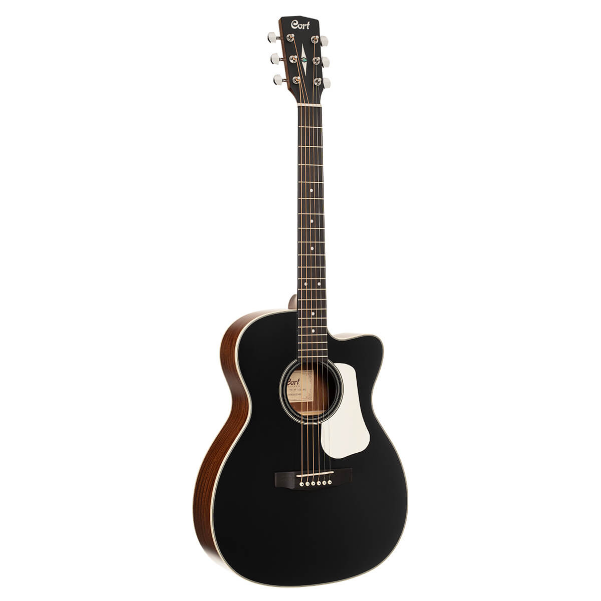 Black acoustic guitar with a cutaway body, white pickguard, and six strings; the back and sides are brown wood.