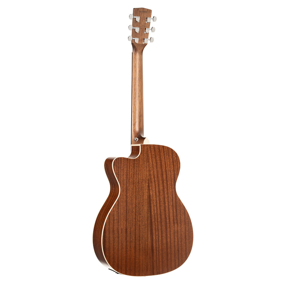 Mahogany acoustic guitar shown from the back, featuring a cutaway body, smooth wood grain, and six chrome tuning pegs.