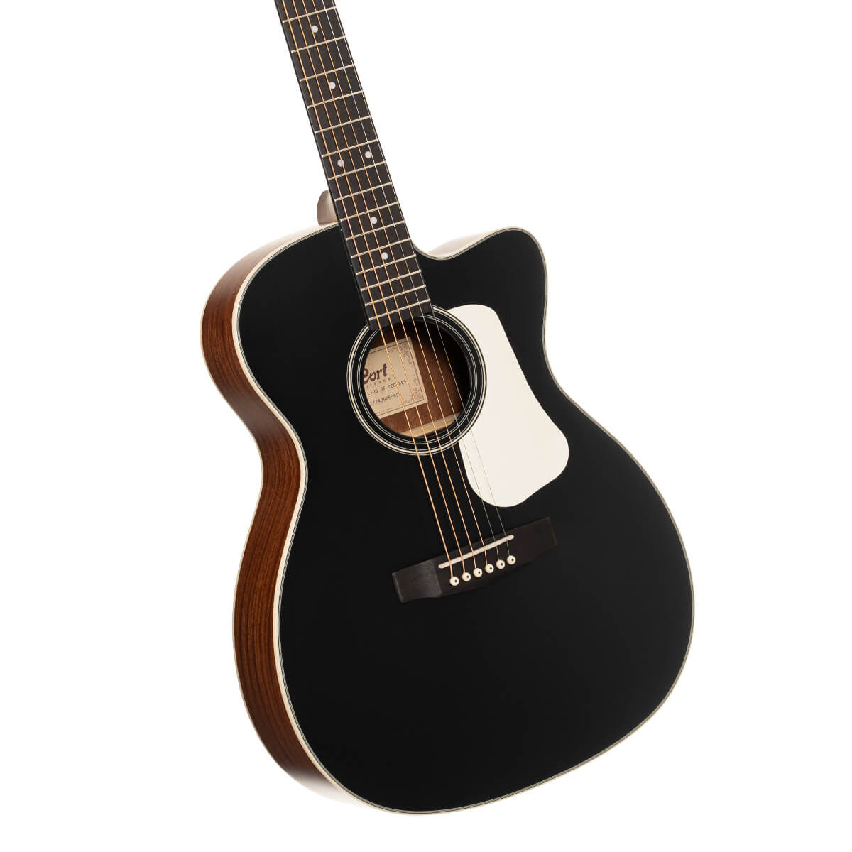 Black acoustic guitar with a white pickguard, wooden sides, six strings, and cutaway body for easier upper fret access.