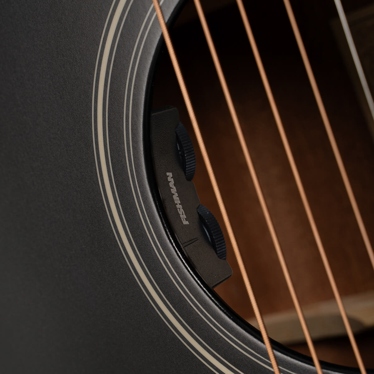 Close-up of an acoustic guitar soundhole with Fishman preamp controls and steel strings visible.
