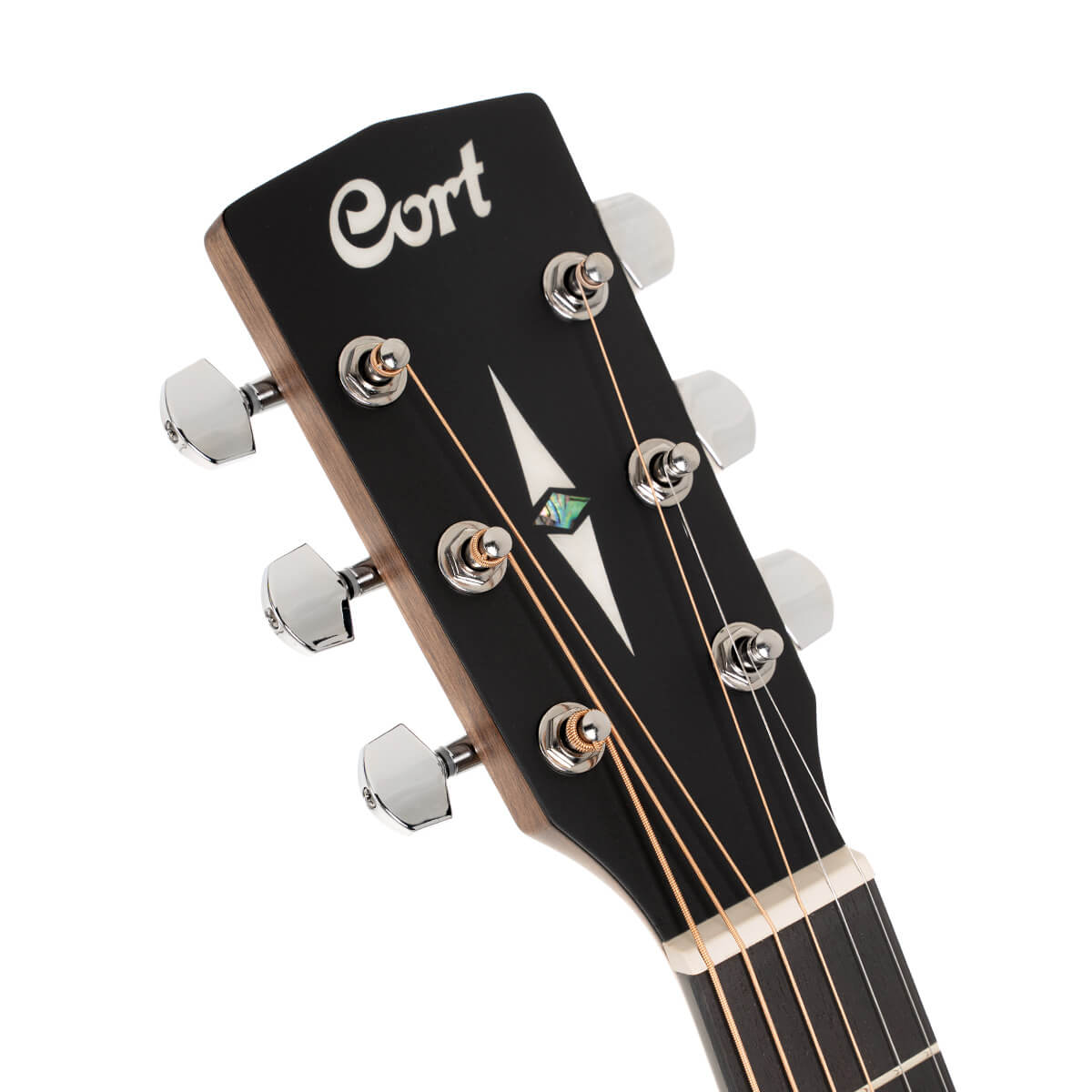 Black headstock of a Cort acoustic guitar, six chrome tuning pegs, decorative diamond inlay, and logo in white lettering at the top.