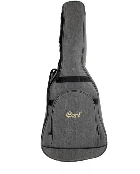 A padded gray acoustic guitar gig bag with a large front pocket, black accents, and the word "Cort" embroidered in yellow on the pocket.
