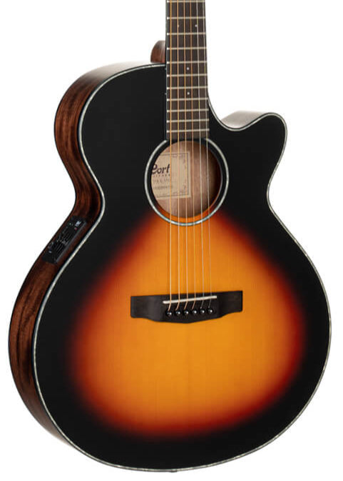 Sunburst finish acoustic guitar with a cutaway body, six strings, dark edges, and a lighter orange center.