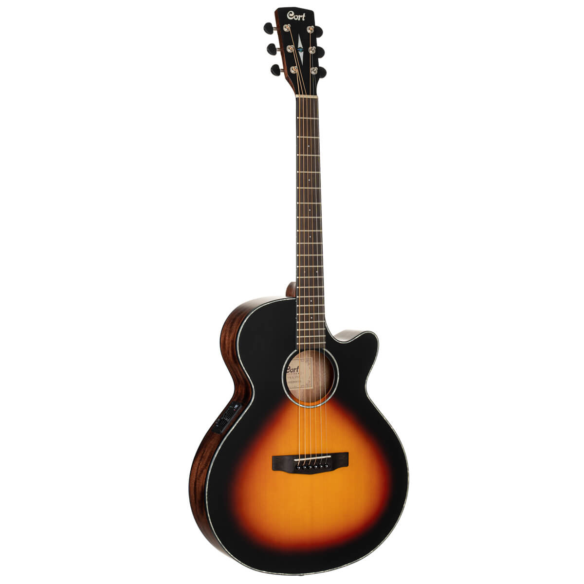 Sunburst acoustic guitar with a cutaway body, six strings, dark edges fading to amber center, and electronic controls on the side.