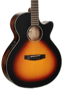 Sunburst finish acoustic guitar with a cutaway body, six strings, dark edges, and a lighter orange center.