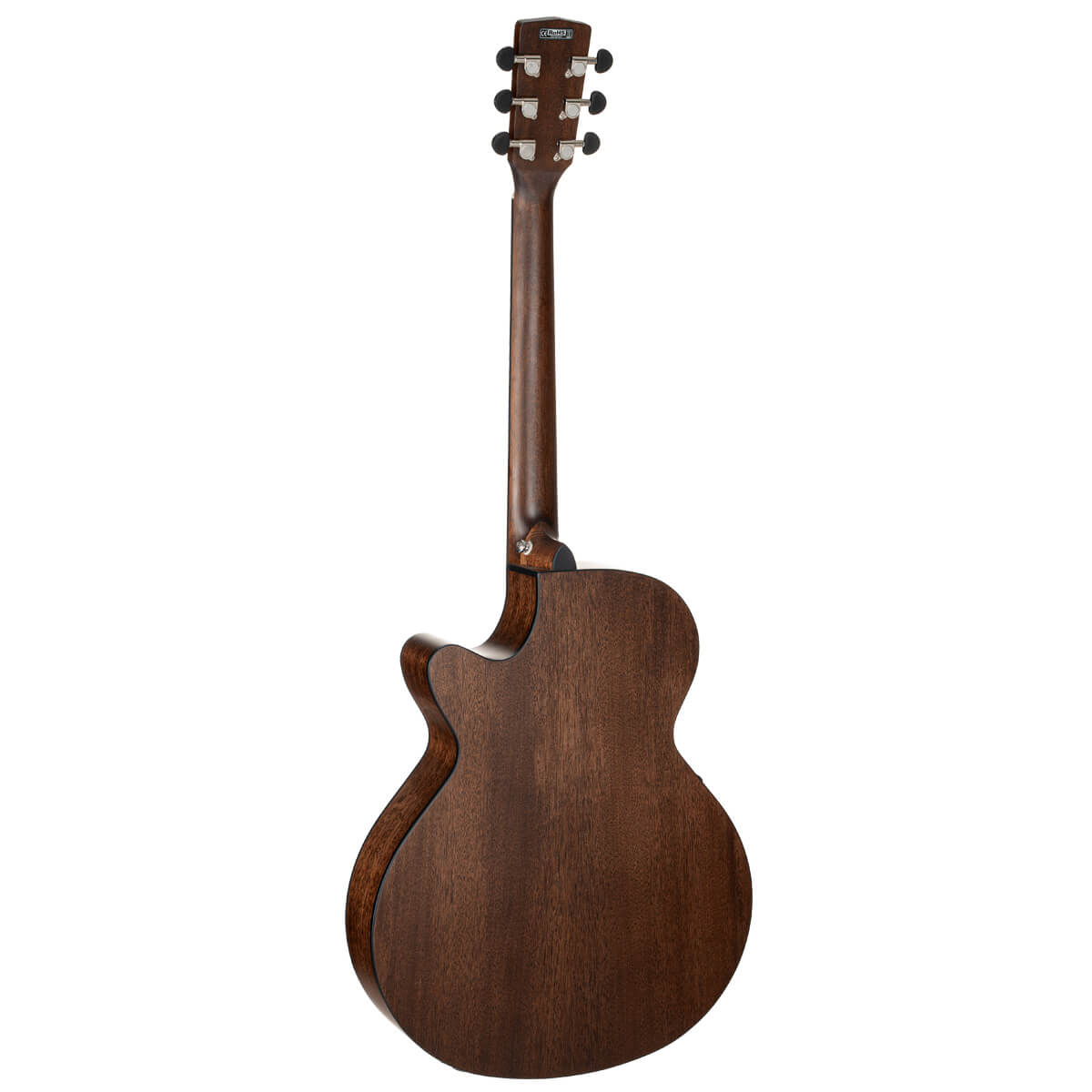 Dark wood acoustic guitar shown from the back, featuring a cutaway body and six tuning pegs on the headstock.