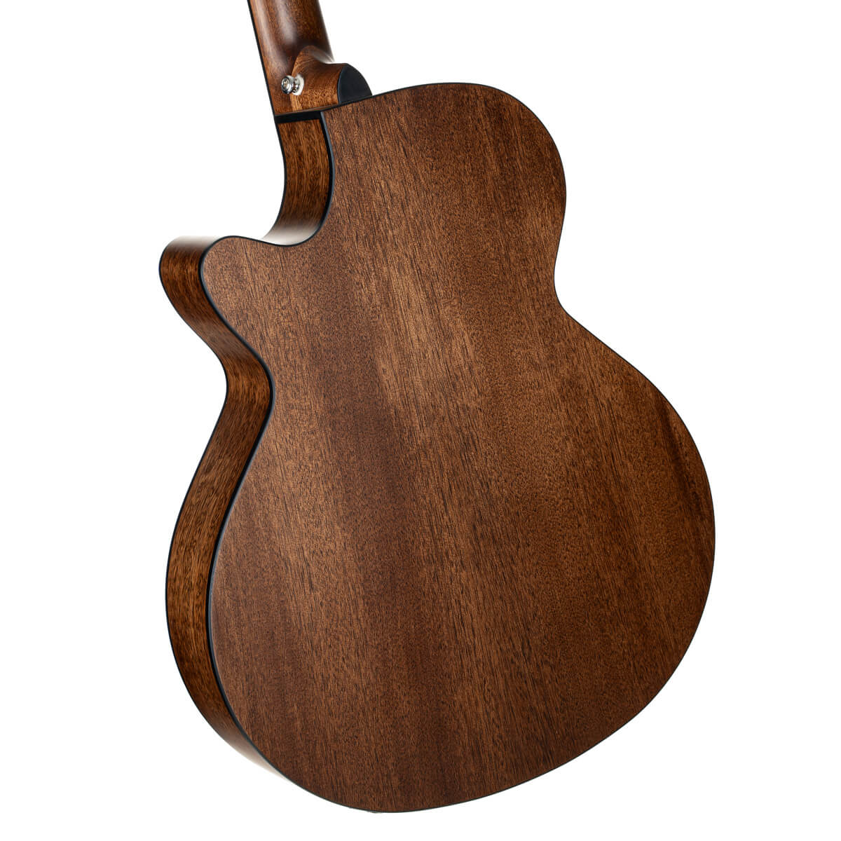 Acoustic guitar back view showing smooth, dark brown wooden surface with a cutaway for easier access to upper frets.
