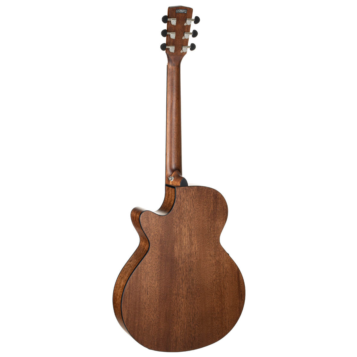 Back view of an acoustic guitar with a natural dark wood finish and a single cutaway design.