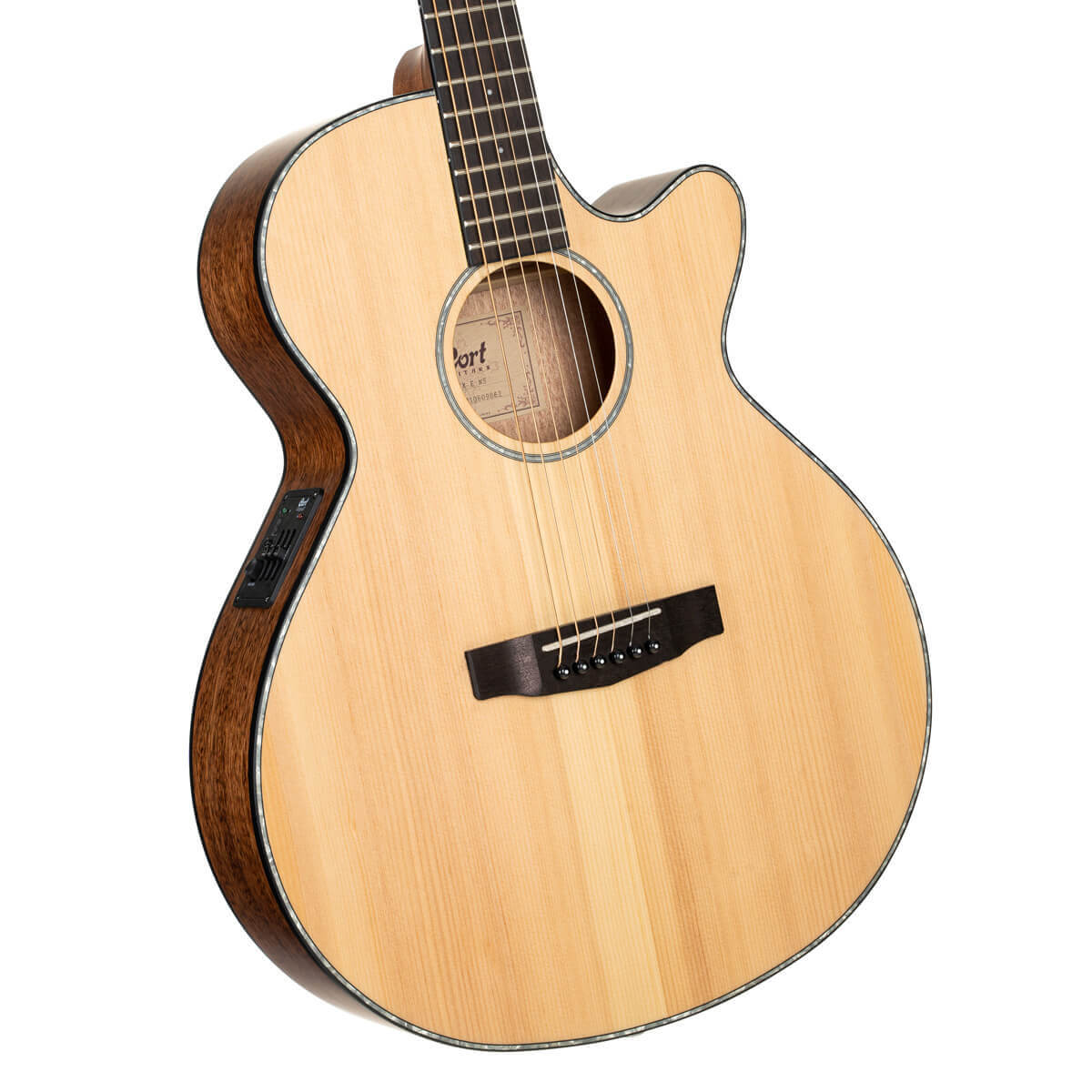 Light wood acoustic guitar with dark wood sides, a cutaway body, black pick-up controls on the side, and six strings with dark bridge and fretboard.