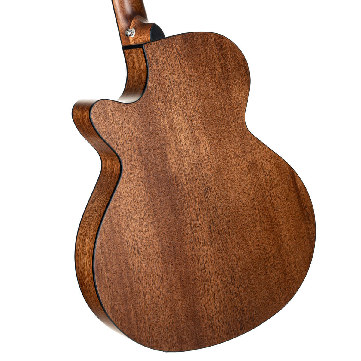Back side of an acoustic guitar showing smooth, natural brown wood with dark edging and a neck joint near the top.