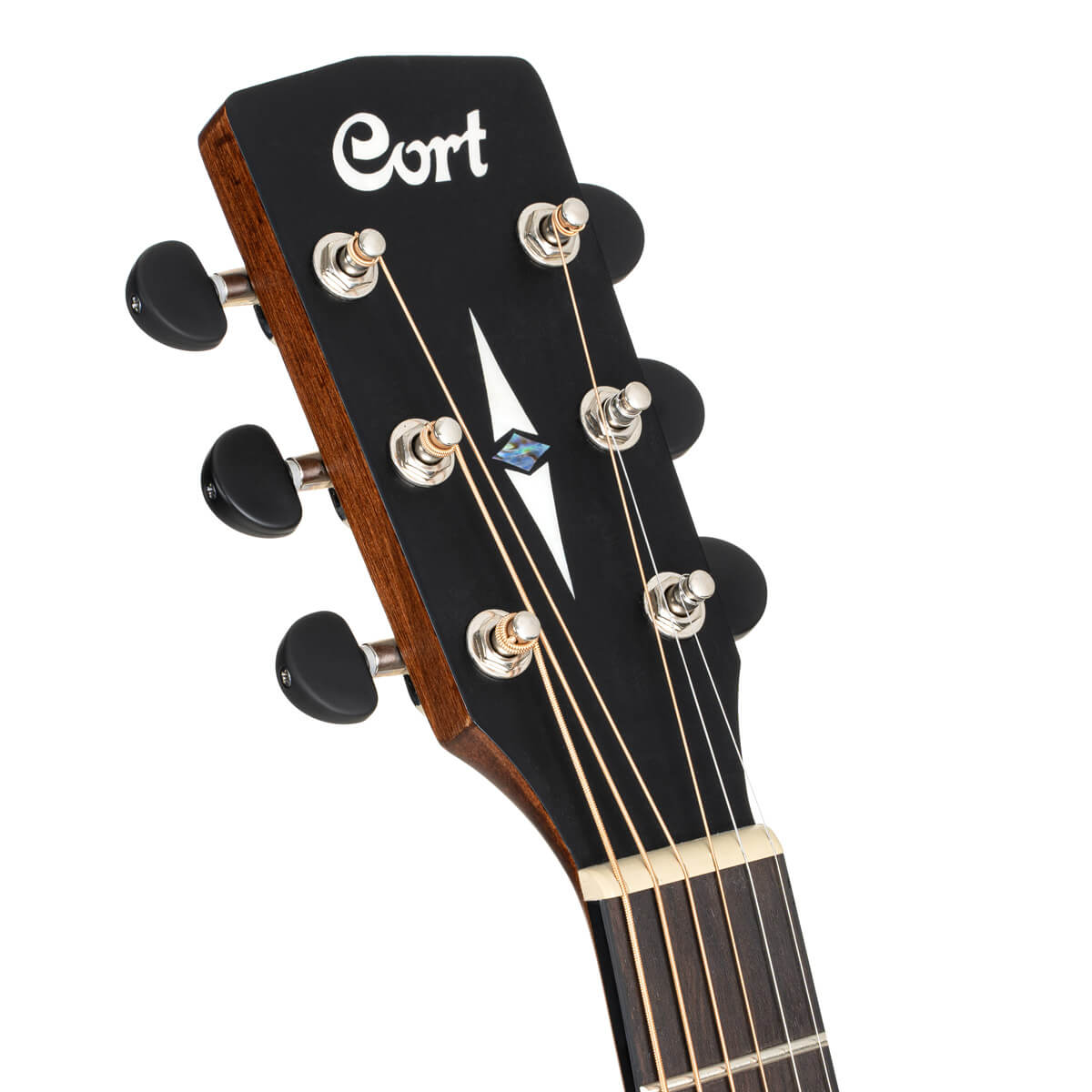 Close-up of a Cort acoustic guitar headstock with six tuning pegs, a black faceplate, and a pearl inlay design.