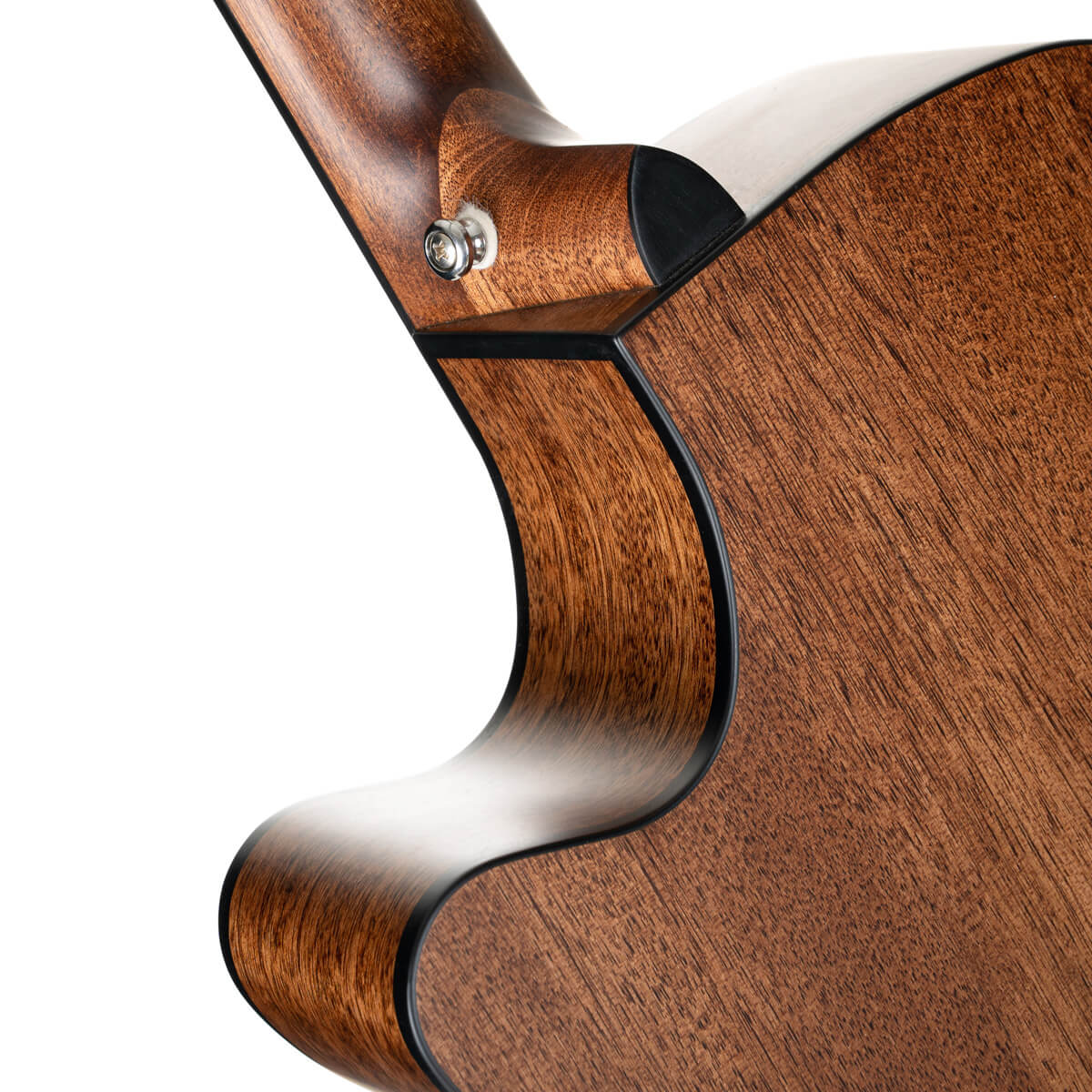 Close-up of a wooden acoustic guitar’s neck joint and body, showing a smooth satin finish with natural wood grain and black edging.