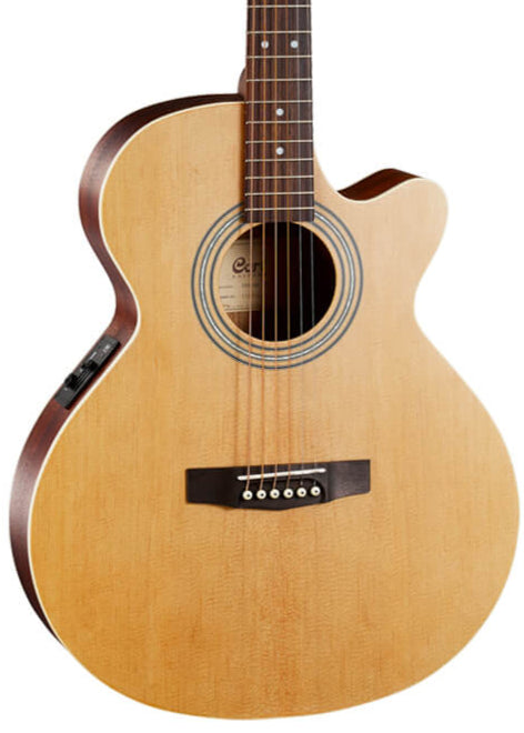 Natural wood acoustic guitar with a cutaway body, six strings, dark bridge, circular sound hole, and built-in side controls.