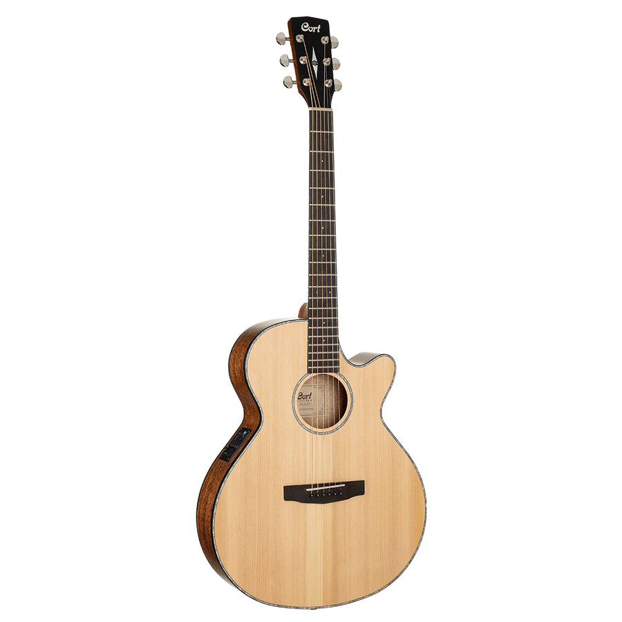 Natural wood-finish acoustic guitar with a cutaway body, six strings, dark fretboard, and side control panel for electronics.