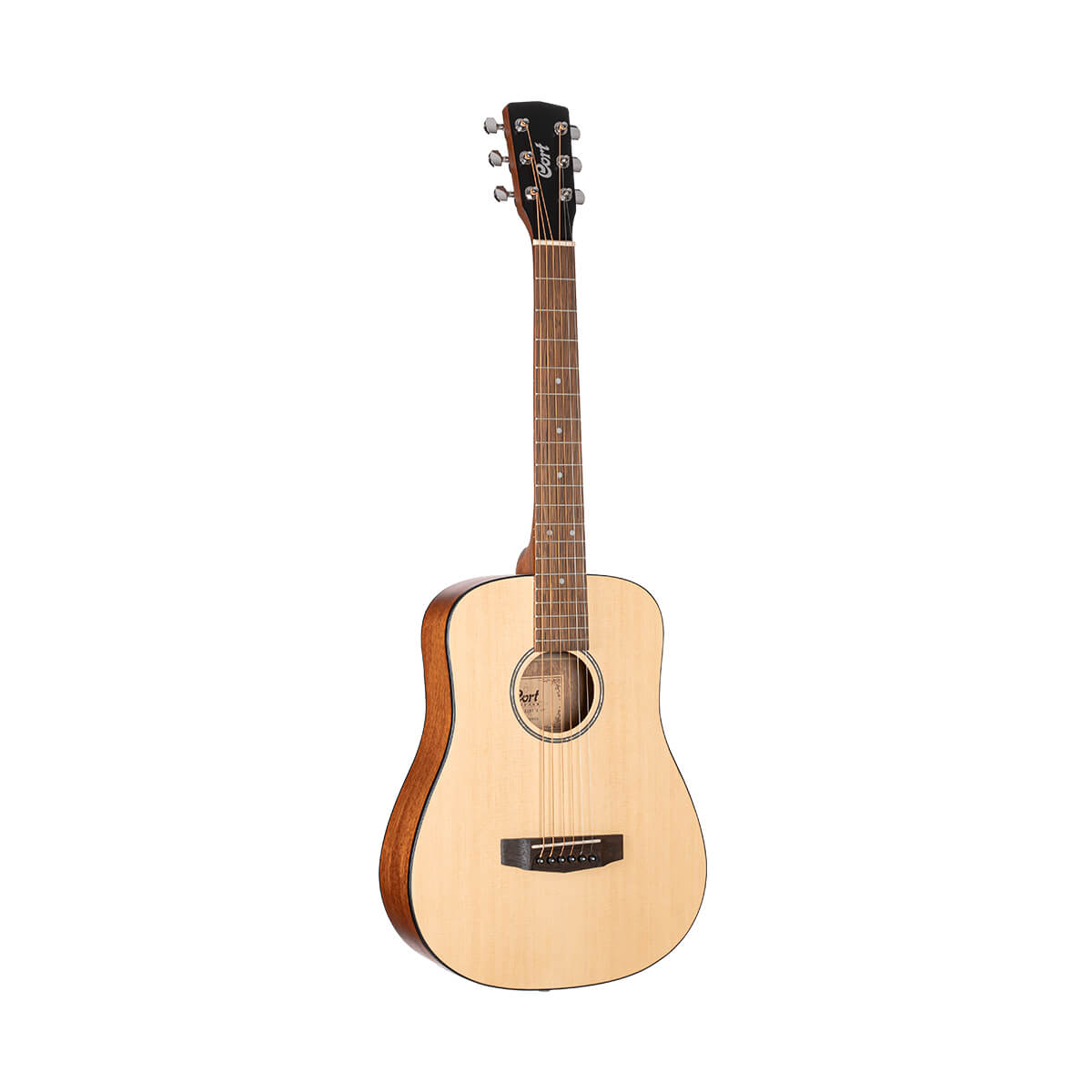 Acoustic guitar with a light-colored, flat top, dark sides, six strings, and a dark headstock featuring chrome tuning pegs.