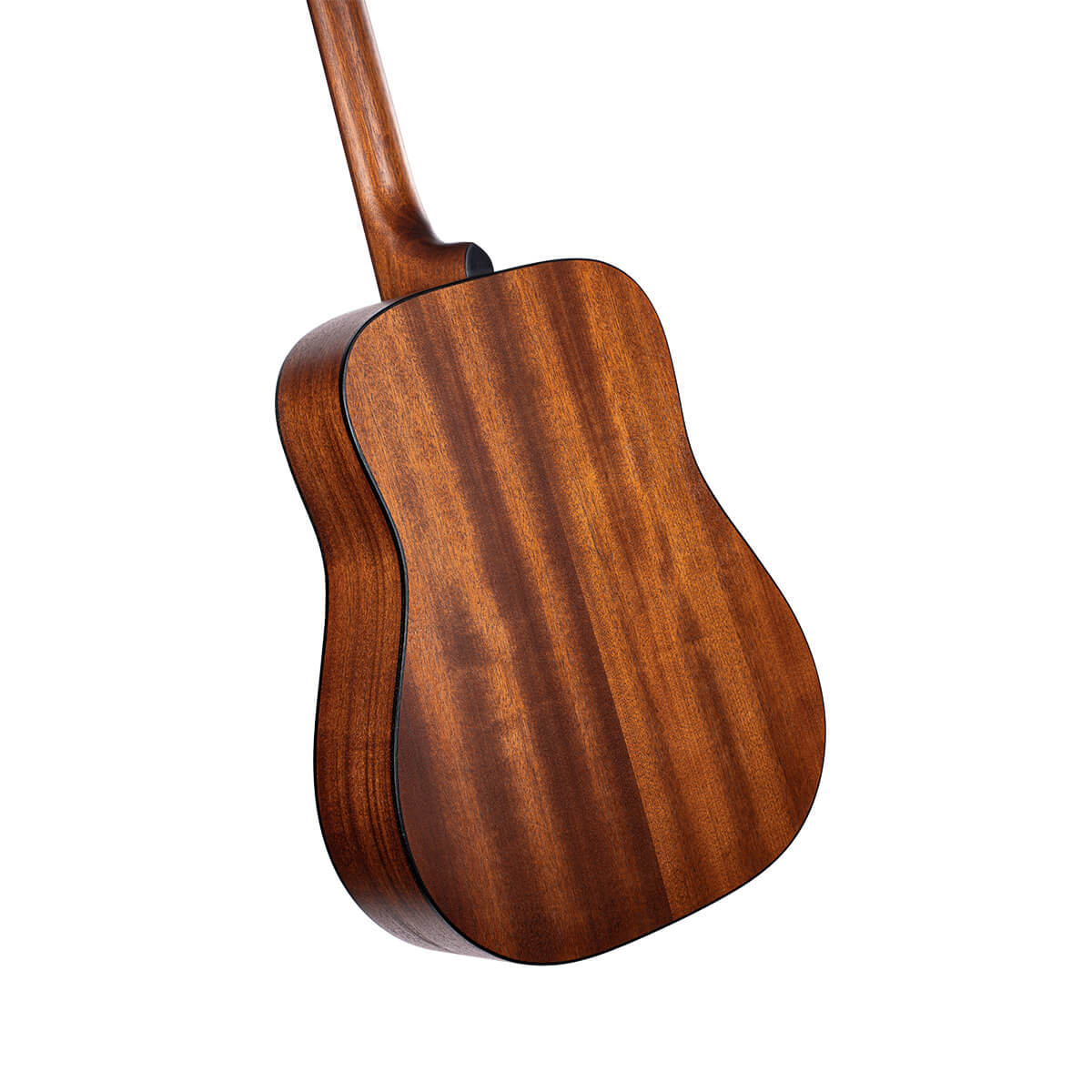 The back of an acoustic guitar made of polished wood with a rich brown color and subtle grain pattern, showing the neck and body’s curved shape.