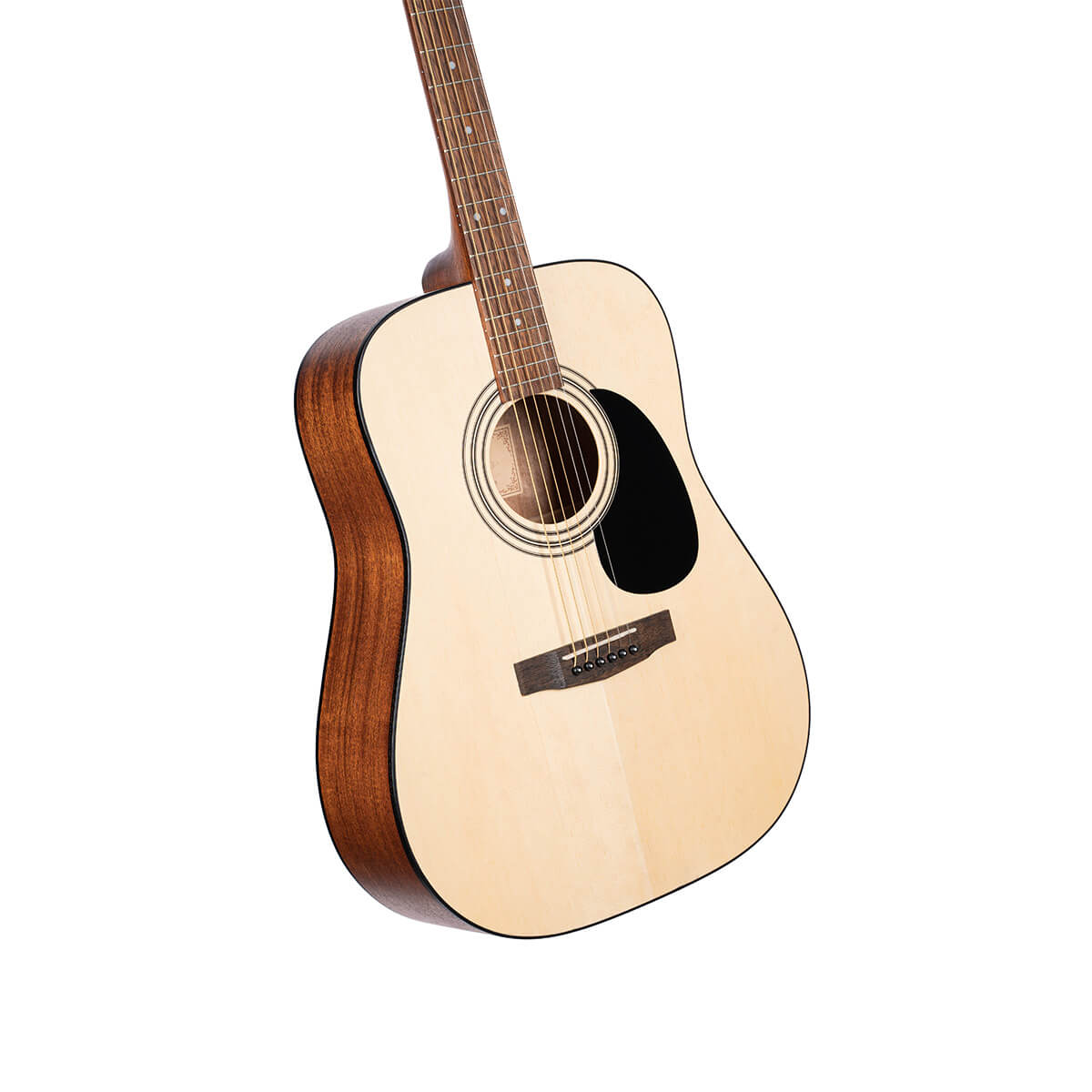 Acoustic guitar with a light wood top, dark wood sides, six strings, and a black pickguard next to the sound hole.