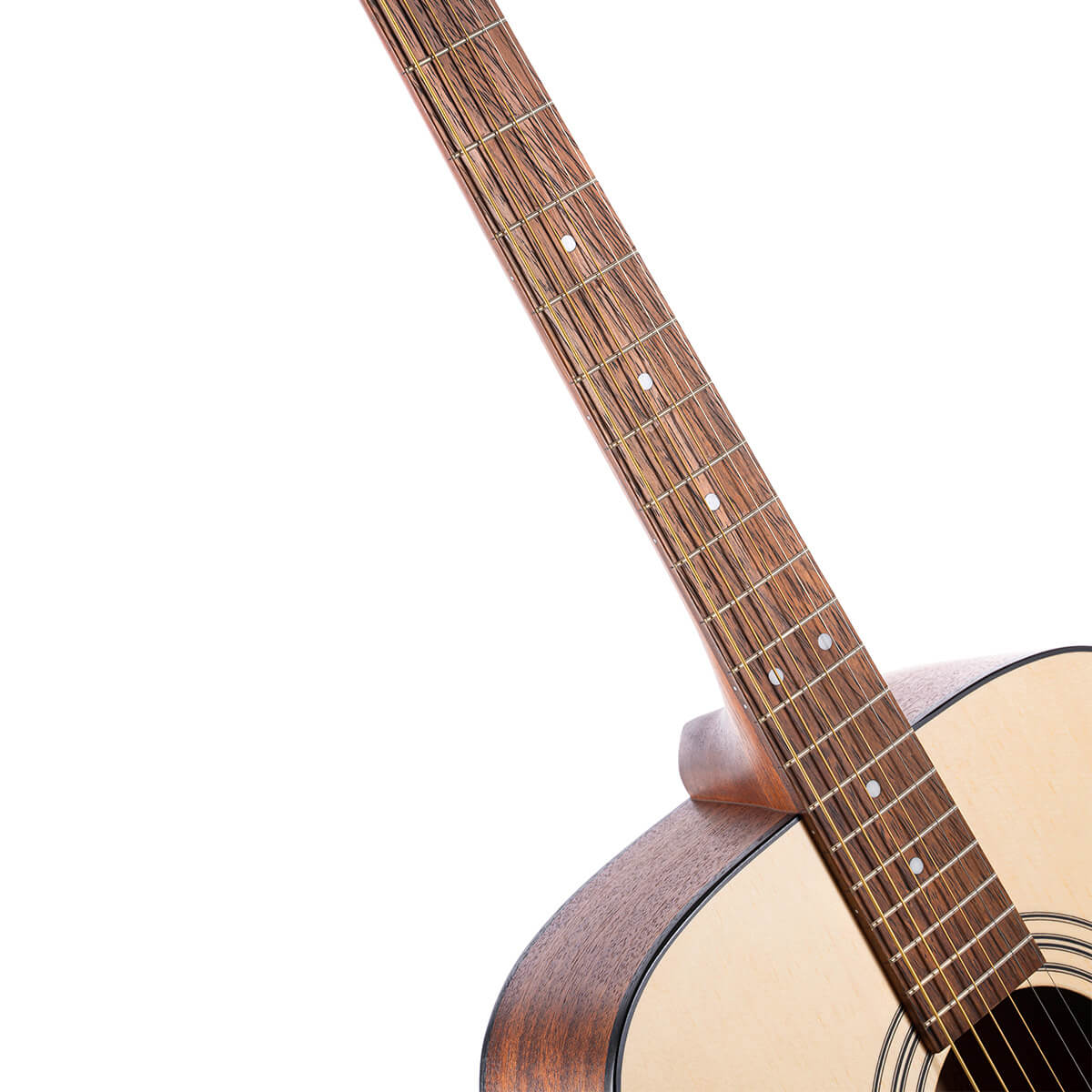 Wooden acoustic guitar showing the neck, fretboard with metal frets and dot markers, and part of the light-colored body with strings.