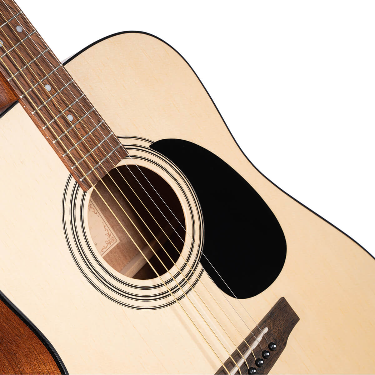 Light wood acoustic guitar body with a black pickguard, six steel strings, round sound hole, and brown wooden fretboard with dot inlays.