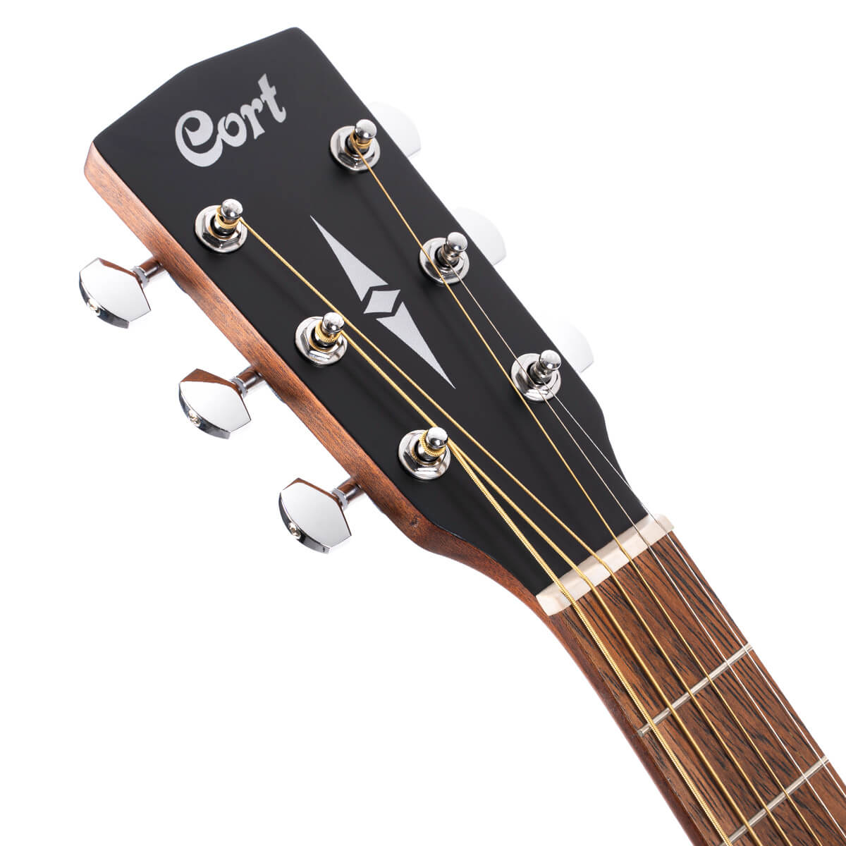 Cort acoustic guitar headstock with six metal tuning pegs, gold strings, and a black faceplate displaying the Cort logo and geometric inlay.