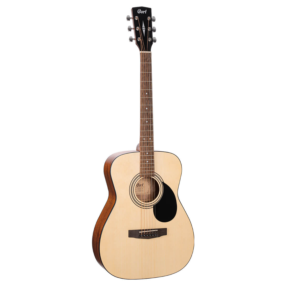 Six-string acoustic guitar with a light wood front, dark sides, and a black pickguard below the sound hole.