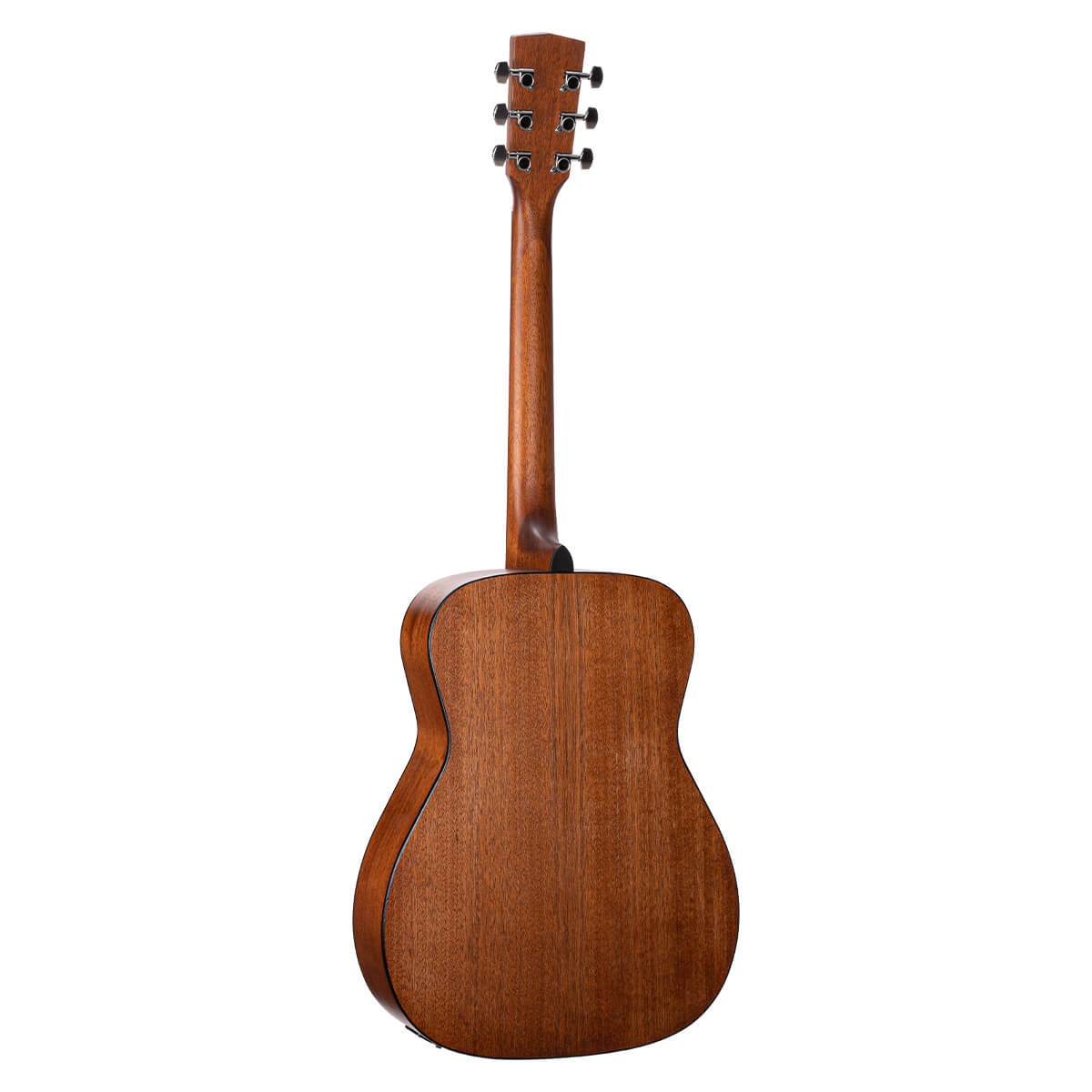 Acoustic guitar shown from the back, all wood finish with six tuning pegs on the headstock and no visible decoration or cutaway.