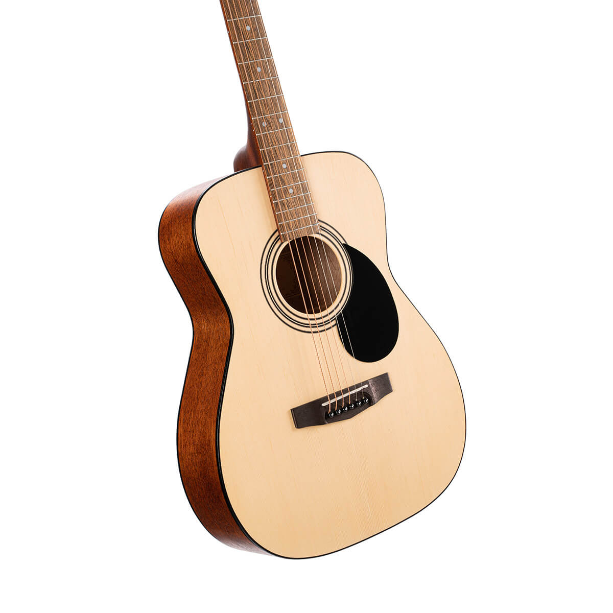 Acoustic guitar with a light wood top, dark sides and back, black pickguard, six strings, and a round sound hole with concentric circle designs.