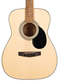 Light wood acoustic guitar with a black pickguard, six strings, dark wood bridge, and simple circular rosette around the sound hole.