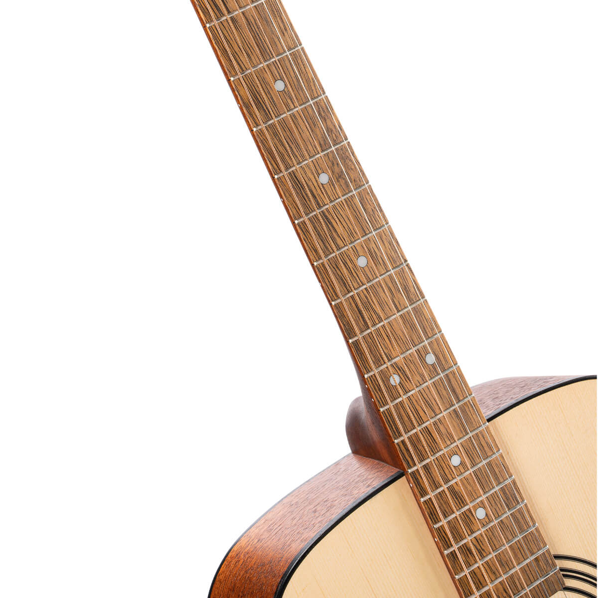 Light wood acoustic guitar body with a brown wooden neck and metal frets, showing dot inlays on the fretboard.
