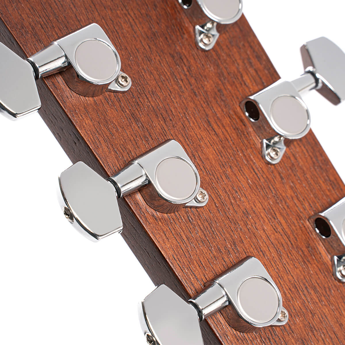 Close-up view of an acoustic guitar headstock showing six shiny chrome tuning pegs mounted on wood.