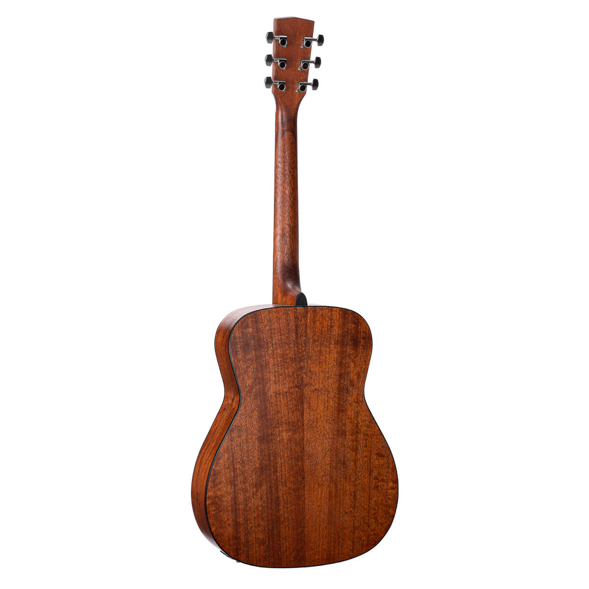Back view of an acoustic guitar showing smooth, dark brown wooden body and neck with six tuning pegs visible on the headstock.