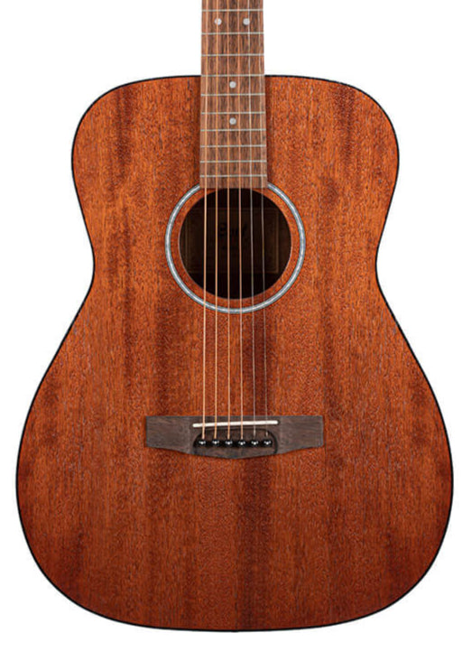 Acoustic guitar with a rich, medium brown wood body, simple circular soundhole, six strings, and minimal decorative features.