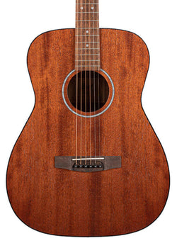 Acoustic guitar with a rich, medium brown wood body, simple circular soundhole, six strings, and minimal decorative features.