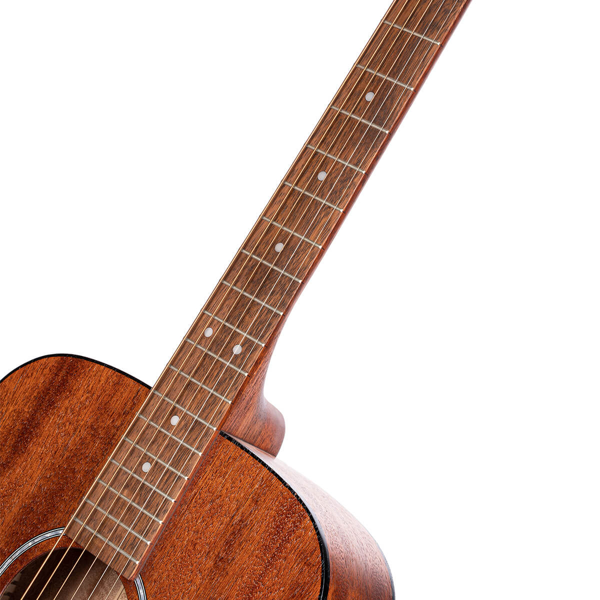 Brown acoustic guitar with a visible soundhole, wooden body, and several frets with dot inlays along the neck.
