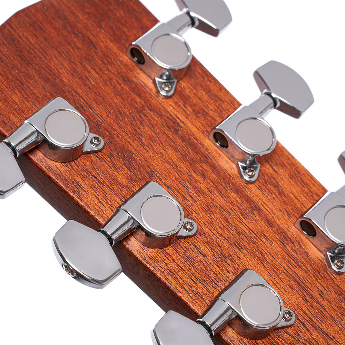 Six chrome tuning pegs attached to a wooden acoustic guitar headstock, shown from the back at a close angle.