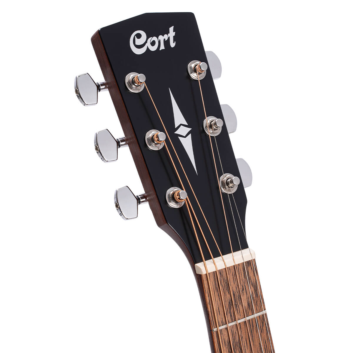 Six-string acoustic guitar headstock with silver tuning pegs, black top, decorative inlay, and the Cort logo in white above the strings.