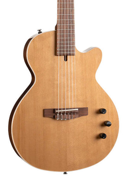 Natural wood classical guitar with six strings, three black control knobs, a cutaway body shape, and a wooden bridge, shown from the front.