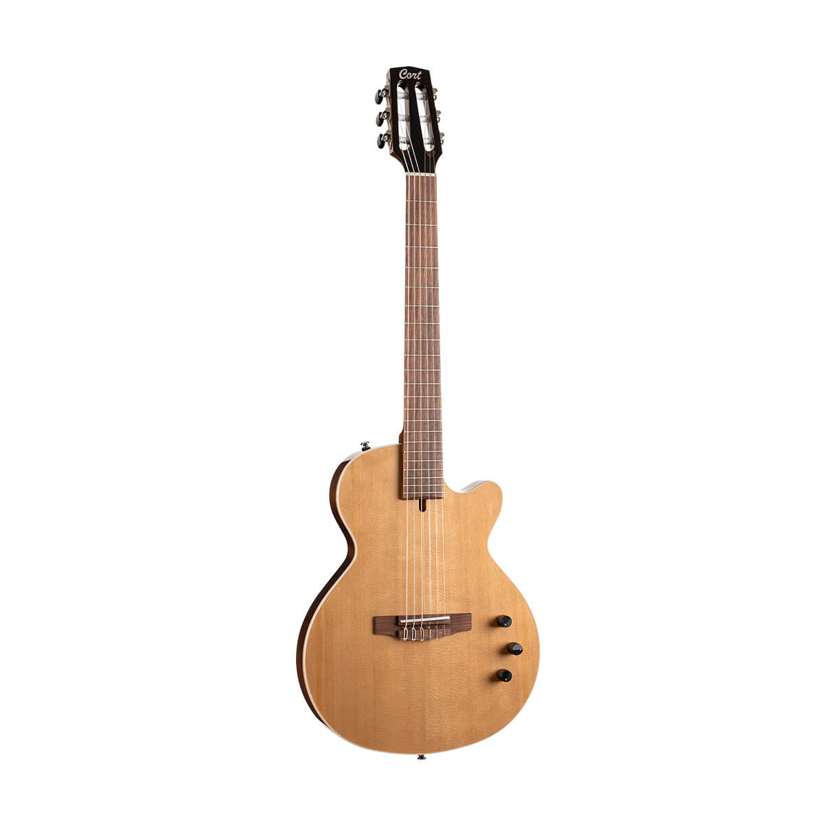 Natural wood-finish classical guitar with a single cutaway, nylon strings, three control knobs, and a slotted headstock with six tuning pegs.