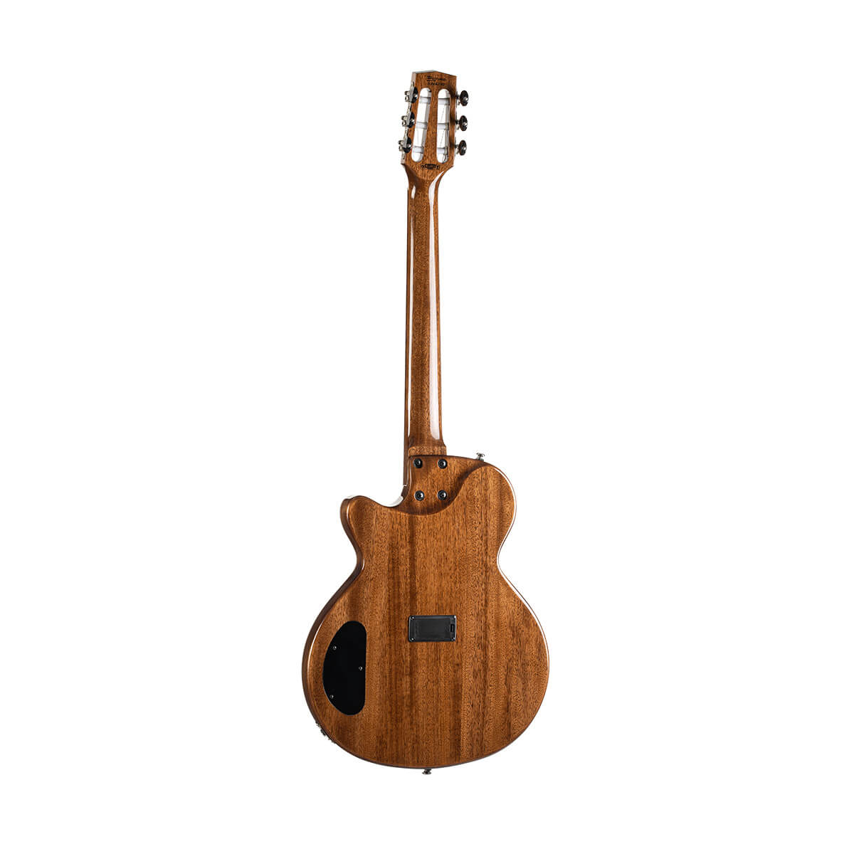 Rear view of a classical guitar showing a glossy wooden body, control cavity covers, and six tuning pegs on the headstock.