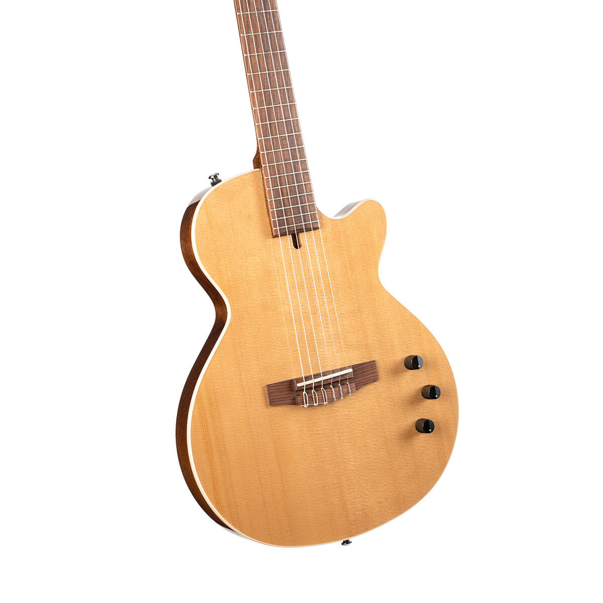 Natural wood finish classical guitar with nylon strings, three black control knobs on the body, and a cutaway design for easier access to upper frets.