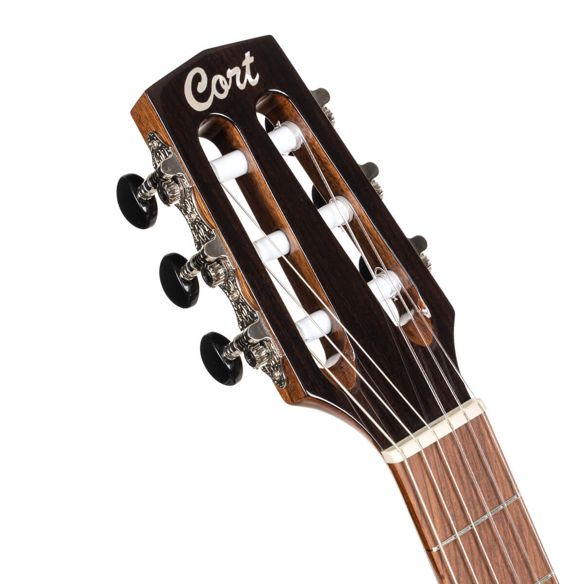 Headstock of a classical guitar with the brand name Cort, featuring six tuning pegs and nylon strings.