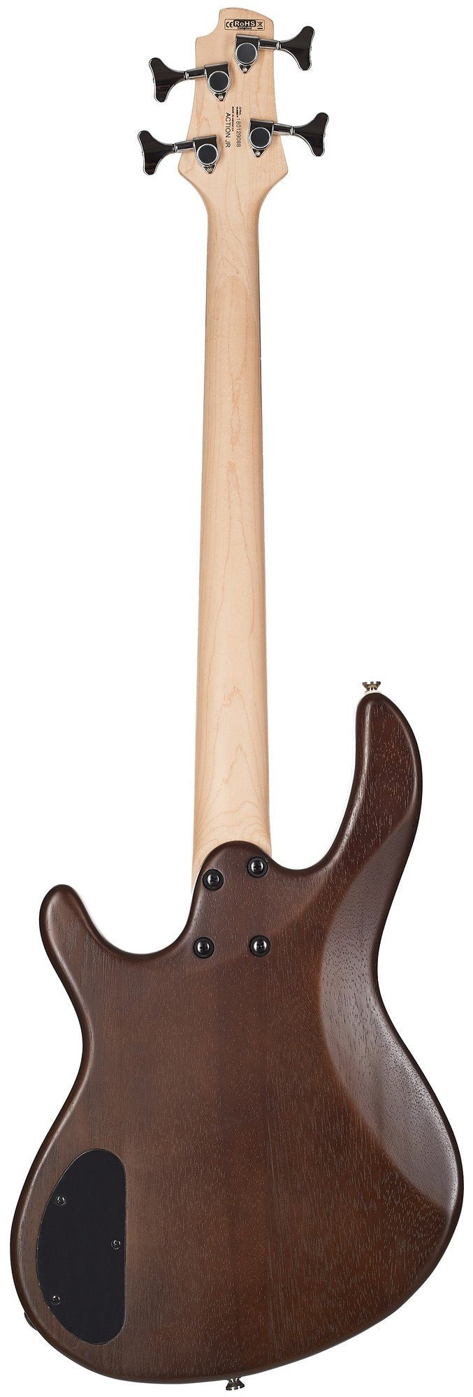 Back view of an electric bass with a natural light-colored neck, four tuning pegs, and a dark brown wooden body with a black electronics cover plate.