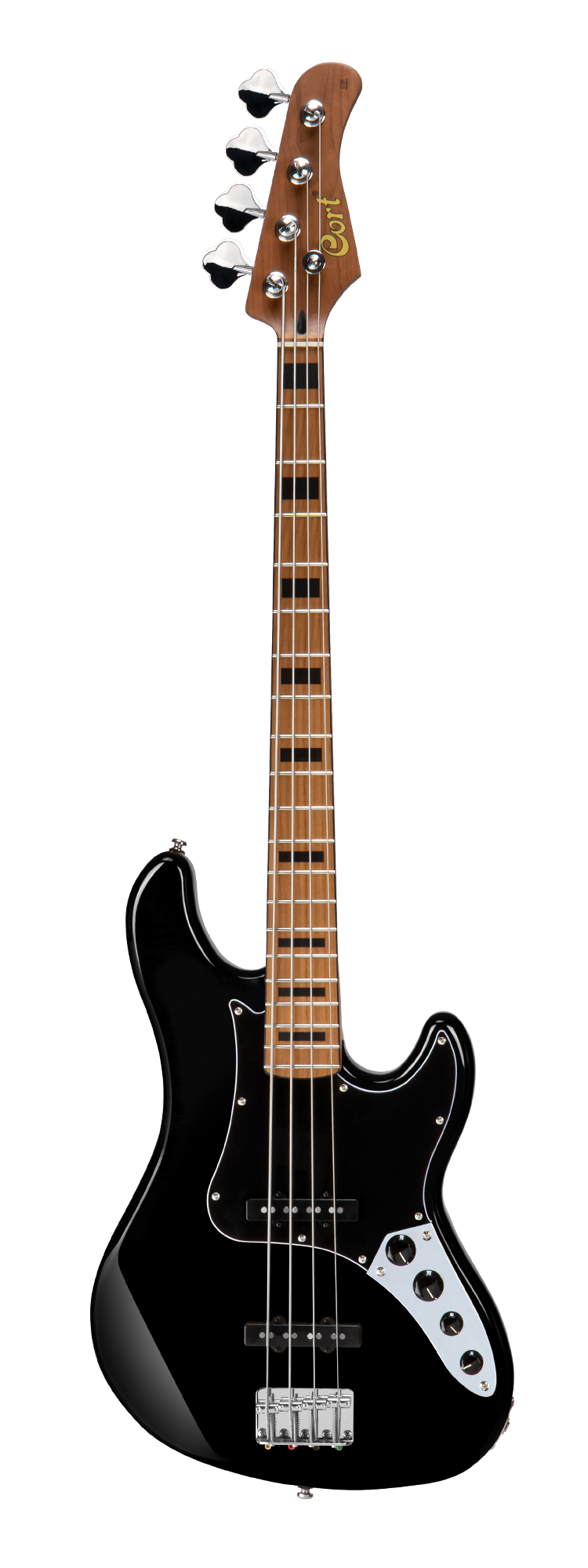 Glossy black 4-string bass guitar with a brown neck, large chrome tuning pegs, and a silver control plate with three knobs.