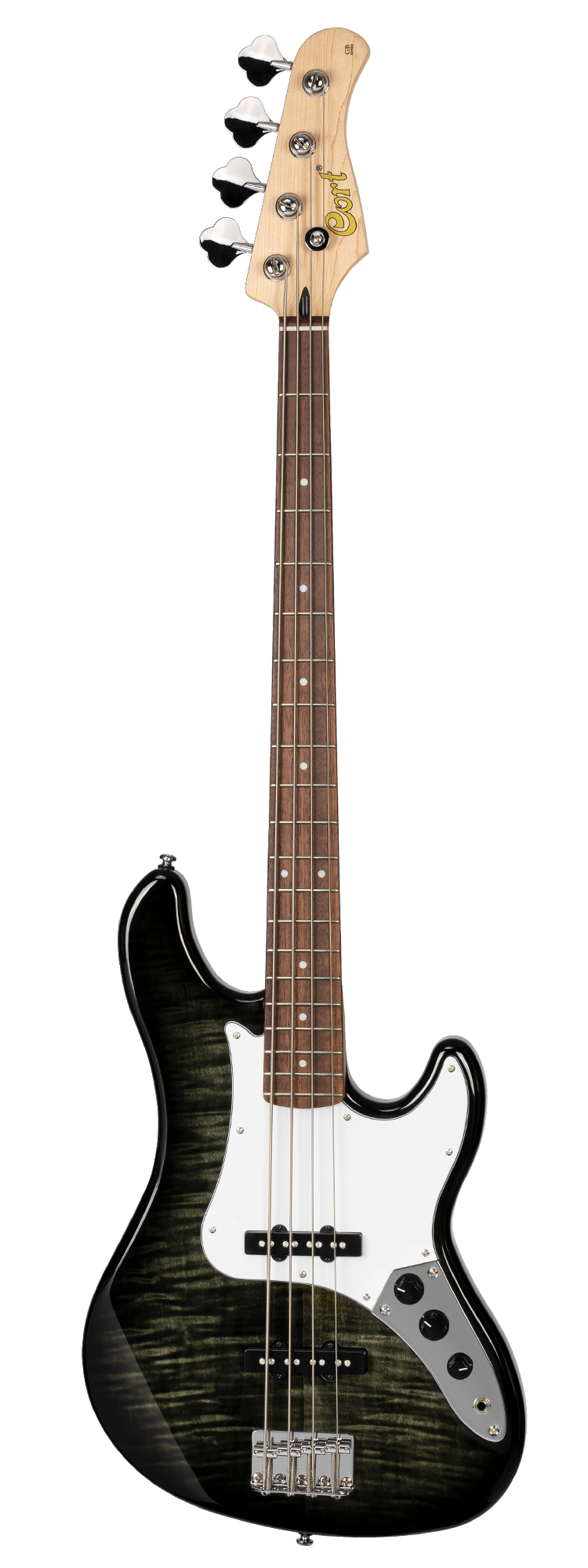 Four-string electric bass with a dark green-black flamed body, white pickguard, rosewood fretboard, chrome hardware, and four control knobs.