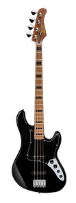 Glossy black 4-string bass guitar with a brown neck, large chrome tuning pegs, and a silver control plate with three knobs.